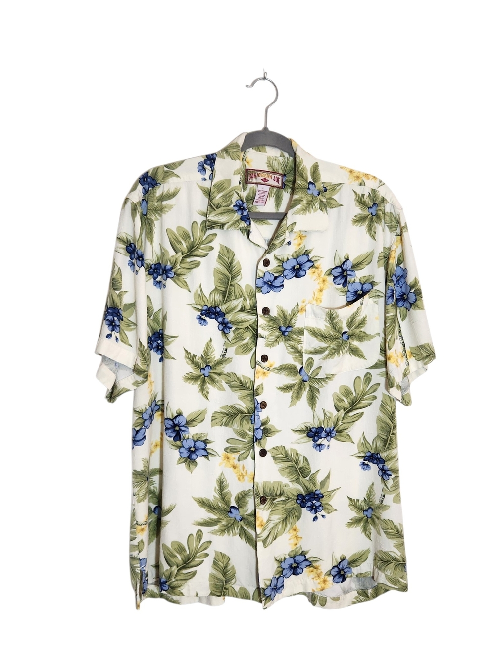 Caribbean Joe Cream Floral Short Sleeve Hawaiian Shirt Size Large